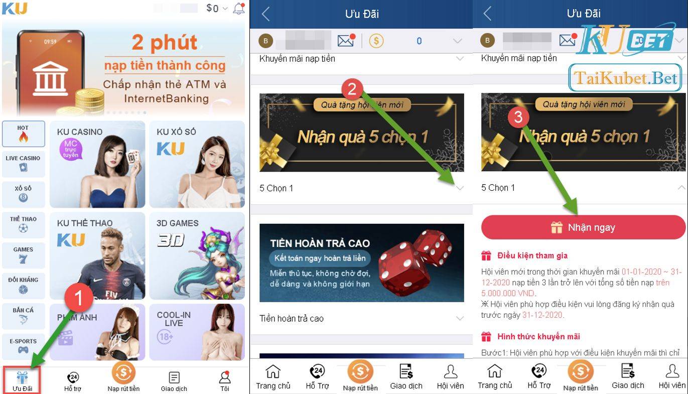 Cách nhận thưởng chương trình khuyến mại Kubet 5 chọn 1